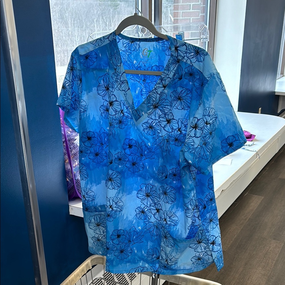 Blue Floral Scrub Top
